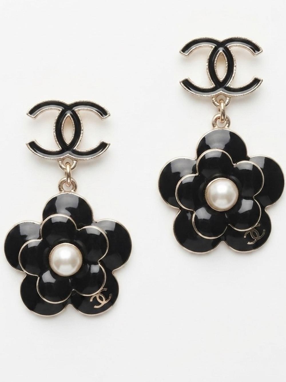 Black Flower Drop Earrings with Faux Pearl and Gold-Tone Accents